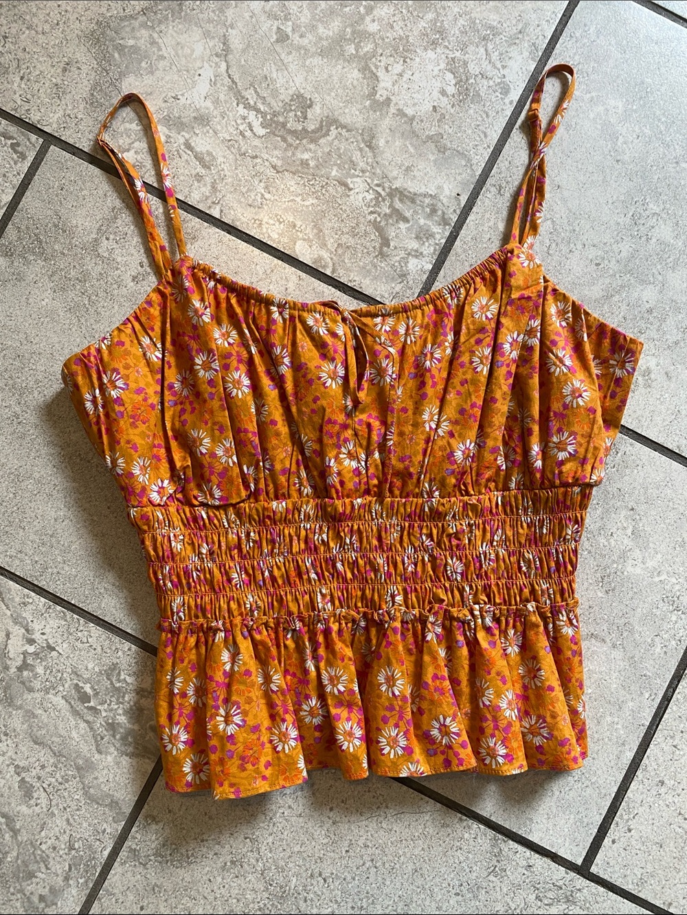 Wayf Orange & Pink Floral Smocked Cami